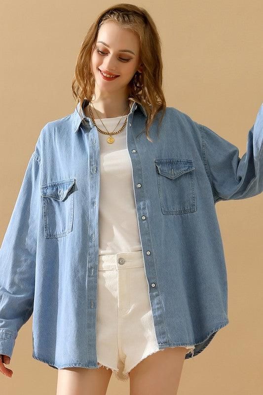 SIMPLE POKCET DENIM LONG SLEEVE SHIRTS - Doublju