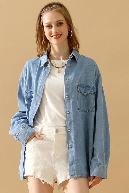 SIMPLE POKCET DENIM LONG SLEEVE SHIRTS - Doublju