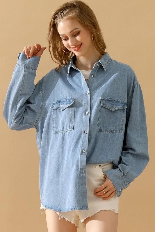 SIMPLE POKCET DENIM LONG SLEEVE SHIRTS - Doublju