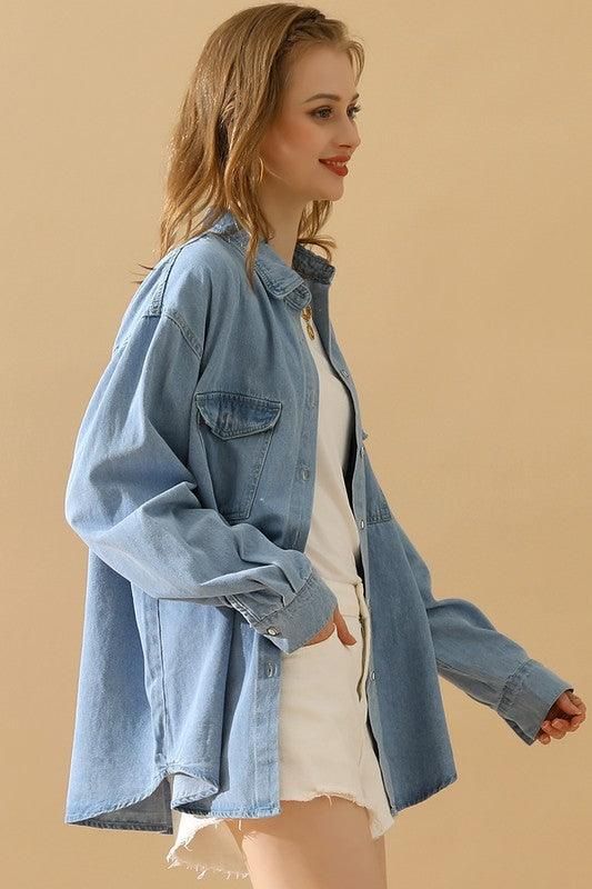 SIMPLE POKCET DENIM LONG SLEEVE SHIRTS - Doublju