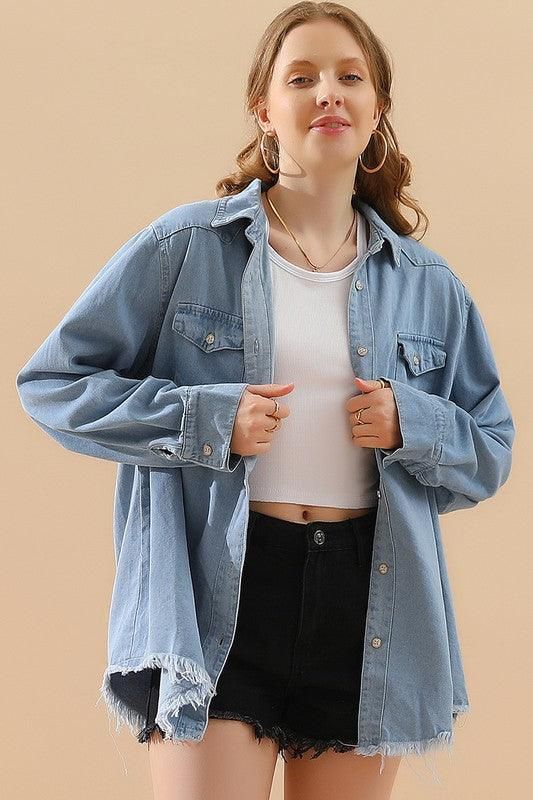 DISTRESSED DENIM LONG SLEEVE POCKET SHIRTS - Doublju