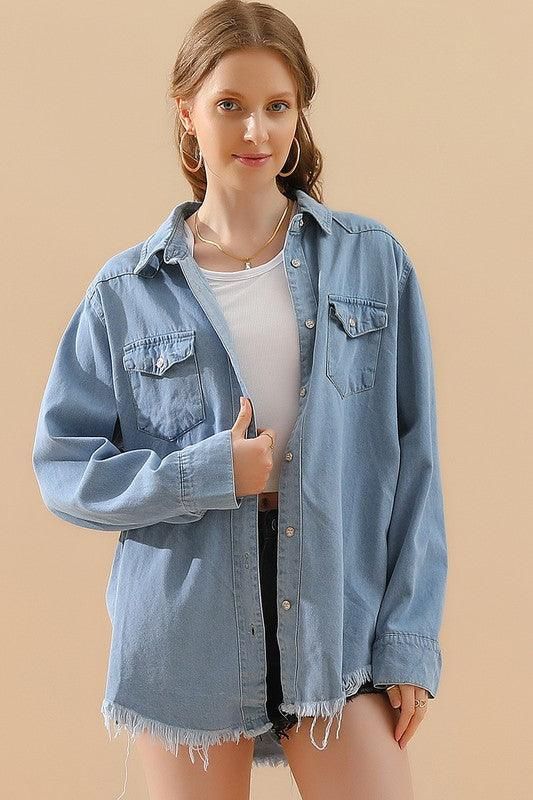 DISTRESSED DENIM LONG SLEEVE POCKET SHIRTS - Doublju