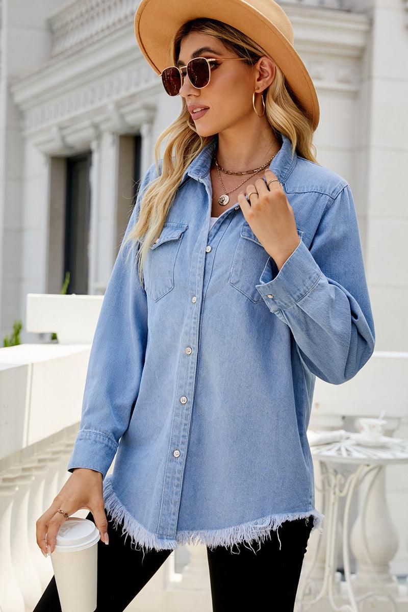 DISTRESSED DENIM LONG SLEEVE POCKET SHIRTS - Doublju