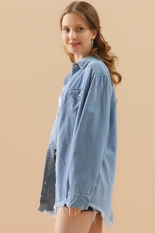 DISTRESSED DENIM LONG SLEEVE POCKET SHIRTS - Doublju