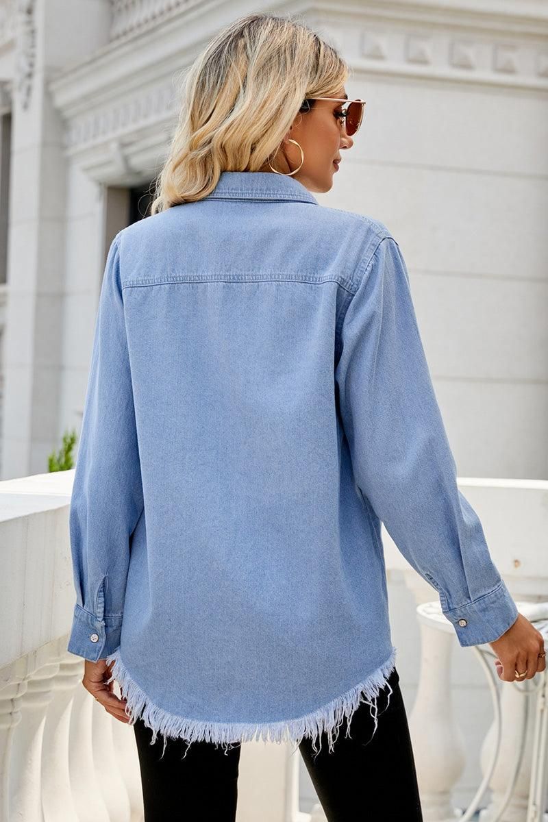 DISTRESSED DENIM LONG SLEEVE POCKET SHIRTS - Doublju