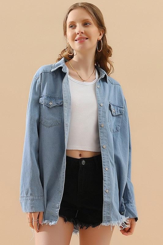 DISTRESSED DENIM LONG SLEEVE POCKET SHIRTS - Doublju