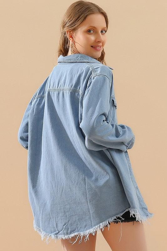 DISTRESSED DENIM LONG SLEEVE POCKET SHIRTS - Doublju