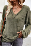 DEEP V NECK ONE POCKET LONG SLEEVE KNIT - Doublju