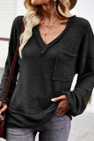 DEEP V NECK ONE POCKET LONG SLEEVE KNIT - Doublju