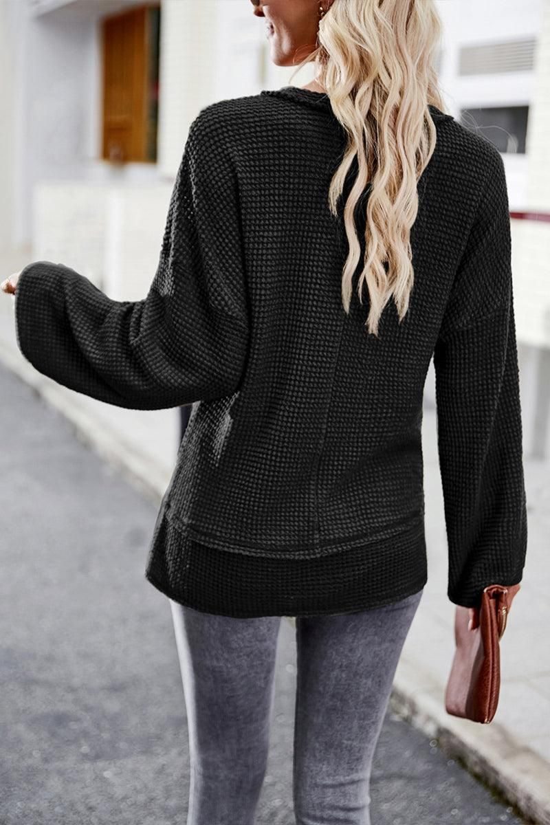 DEEP V NECK ONE POCKET LONG SLEEVE KNIT - Doublju