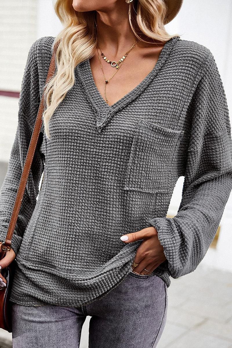 DEEP V NECK ONE POCKET LONG SLEEVE KNIT - Doublju