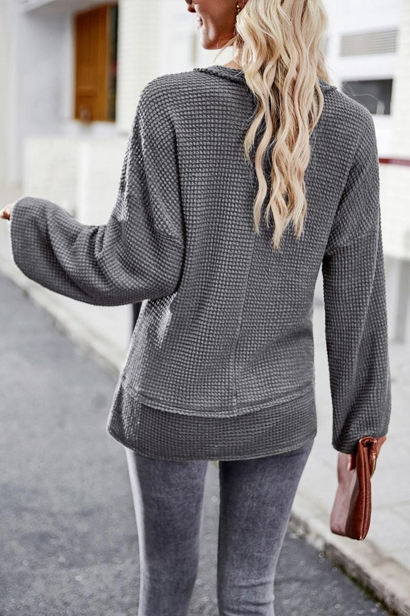 DEEP V NECK ONE POCKET LONG SLEEVE KNIT - Doublju