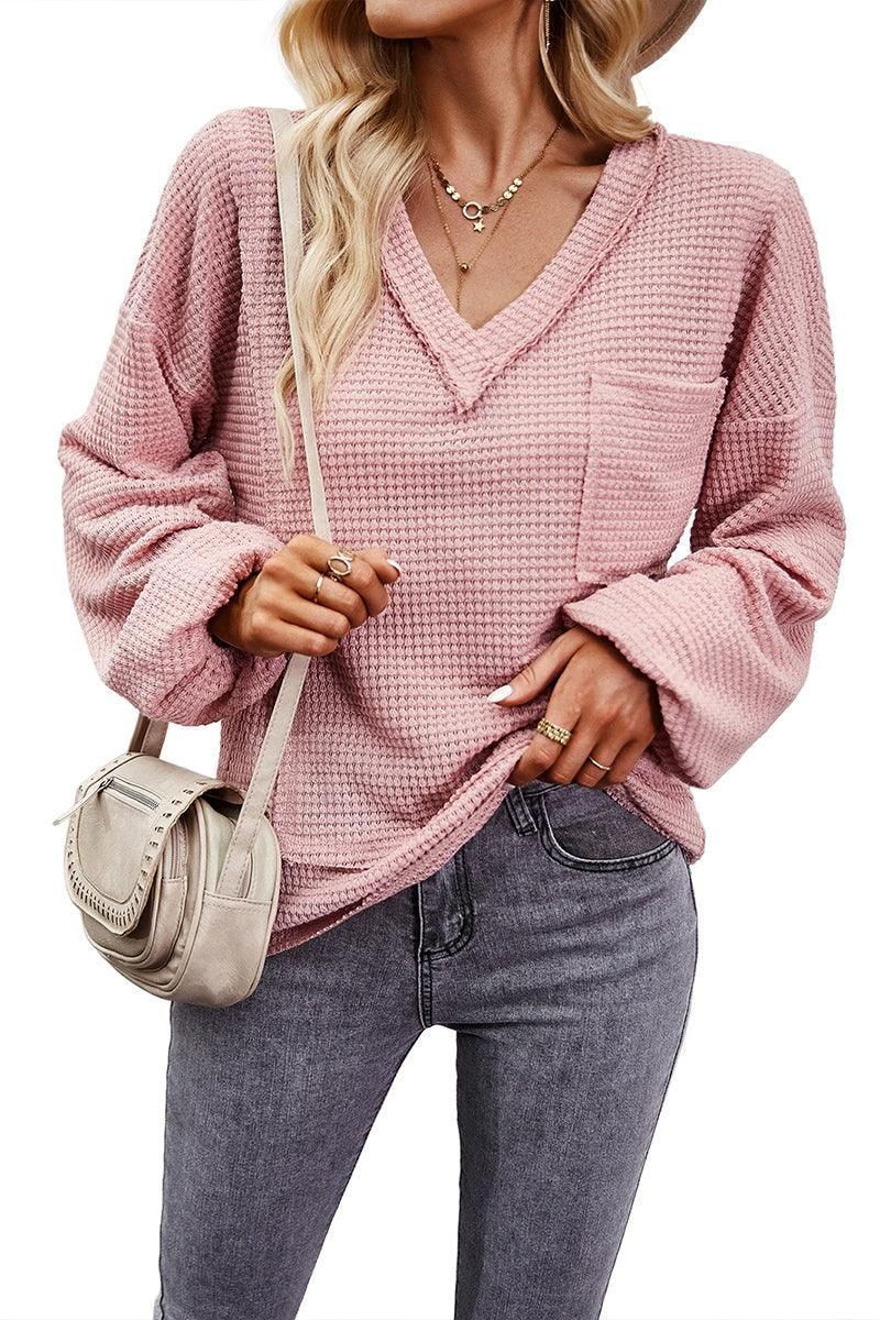 DEEP V NECK ONE POCKET LONG SLEEVE KNIT - Doublju