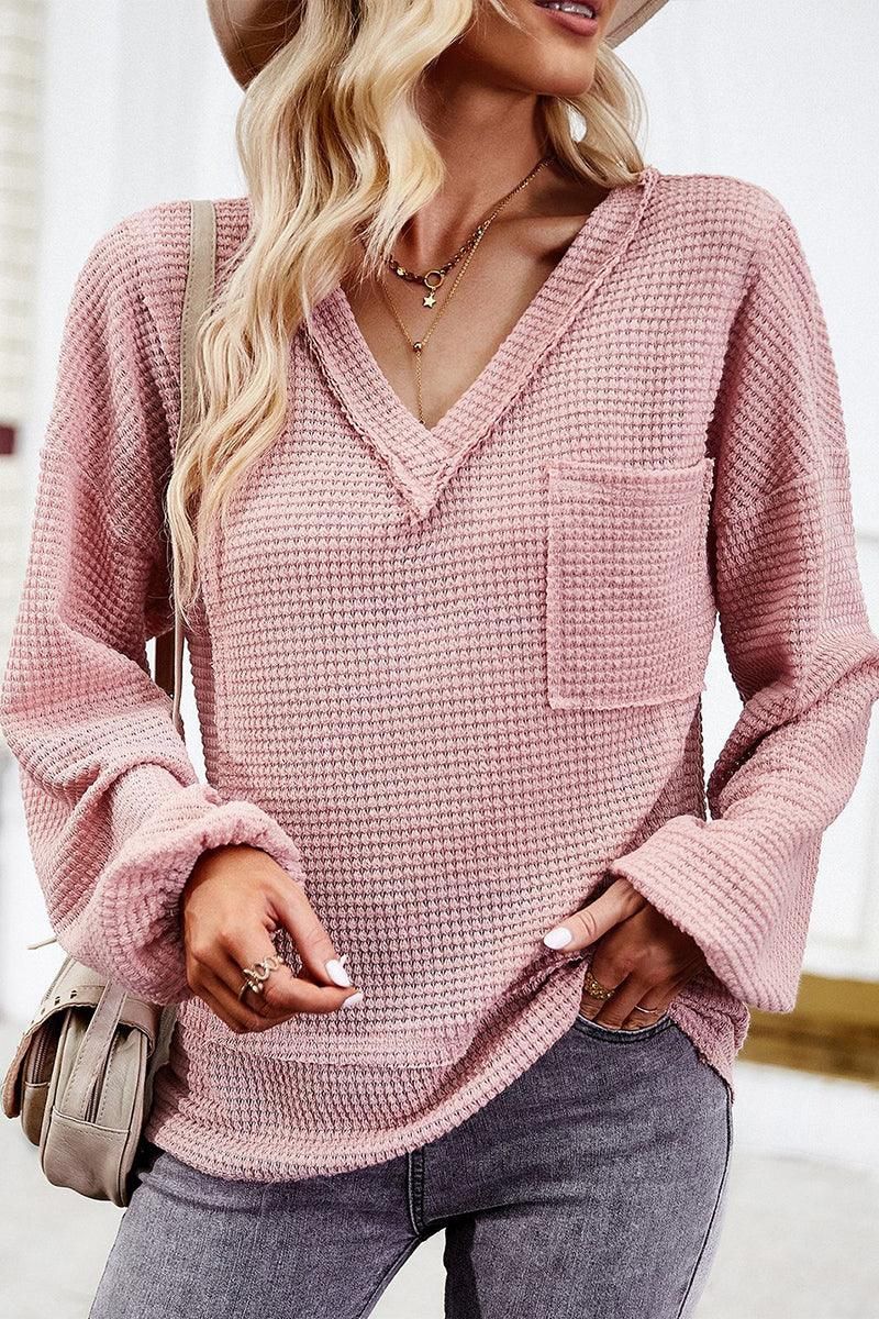 DEEP V NECK ONE POCKET LONG SLEEVE KNIT - Doublju