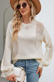 WOMEN LANTERN SLEEVED HOLLOWED OUT KNIT SWEATER - Doublju