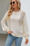 WOMEN LANTERN SLEEVED HOLLOWED OUT KNIT SWEATER - Doublju