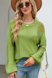 WOMEN LANTERN SLEEVED HOLLOWED OUT KNIT SWEATER - Doublju