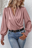 WOMEN CROSS WRAP RIBBED SLEEVE BLOUSE TOP - Doublju