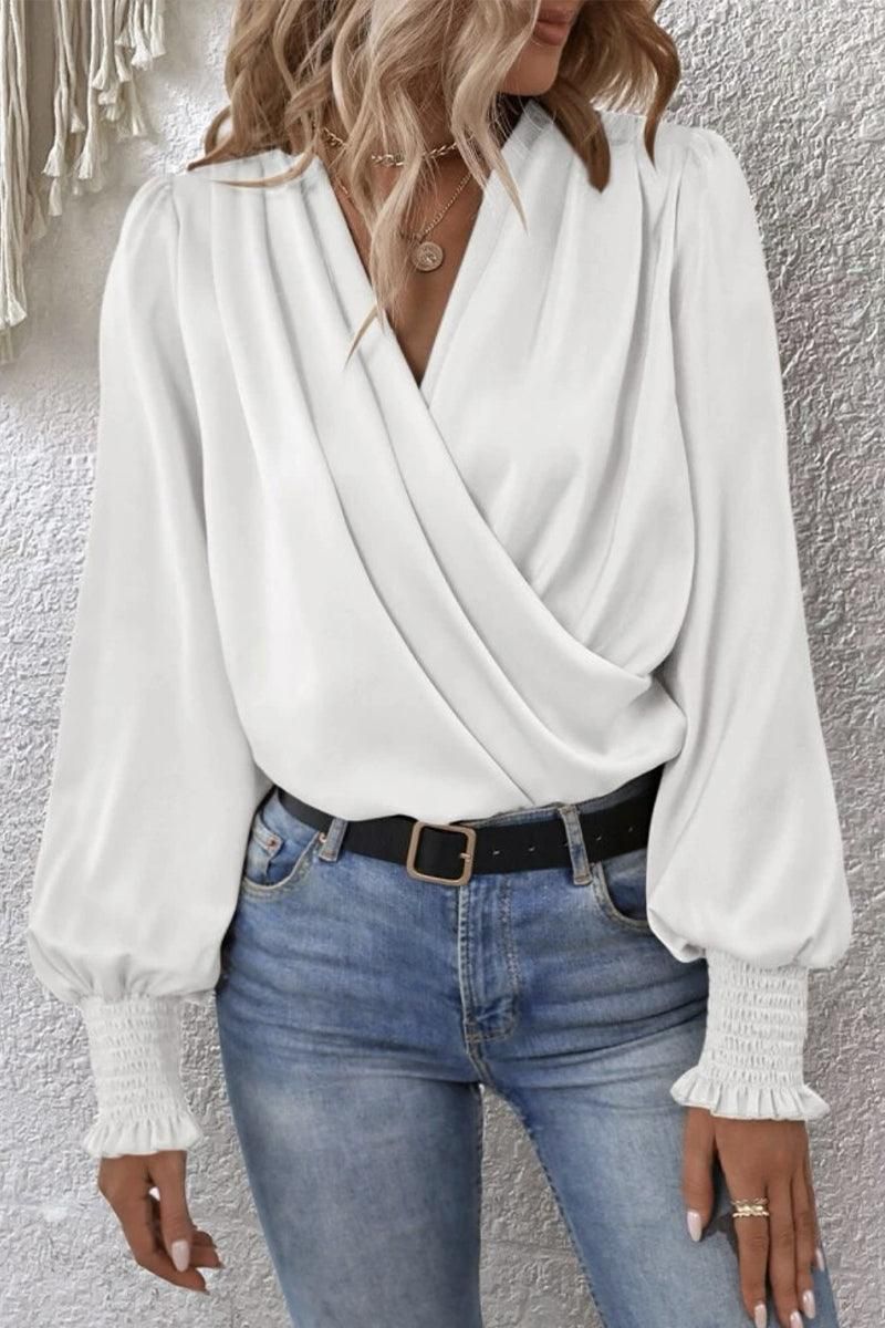 WOMEN CROSS WRAP RIBBED SLEEVE BLOUSE TOP - Doublju