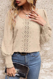 WOMEN FLORAL LACED SWISS DOT RIBBED SLEEVE BLOUSE - Doublju