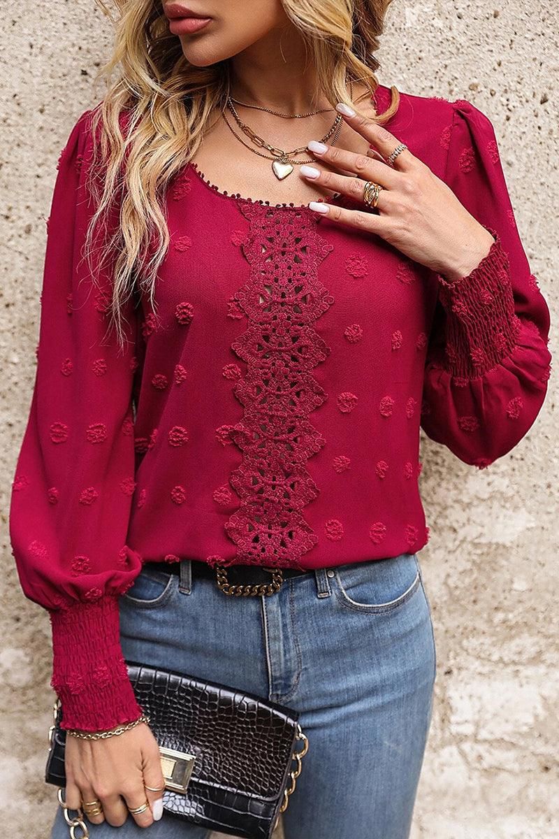 WOMEN FLORAL LACED SWISS DOT RIBBED SLEEVE BLOUSE - Doublju