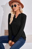 WOMEN BUTTONED V NECK RIB SLEEVE CASUAL TEE - Doublju