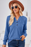 WOMEN BUTTONED V NECK RIB SLEEVE CASUAL TEE - Doublju