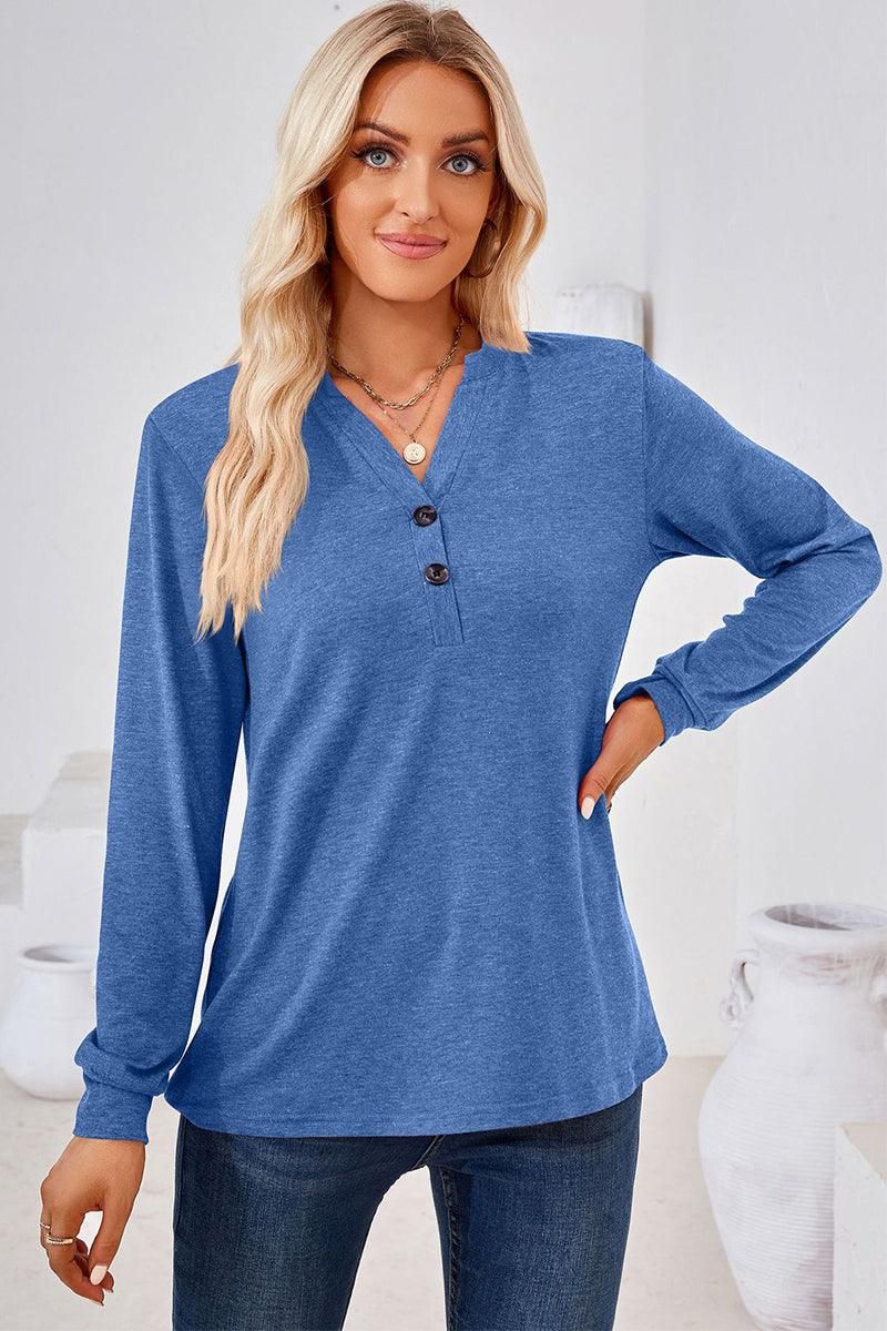 WOMEN BUTTONED V NECK RIB SLEEVE CASUAL TEE - Doublju