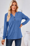 WOMEN BUTTONED V NECK RIB SLEEVE CASUAL TEE - Doublju