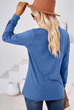 WOMEN BUTTONED V NECK RIB SLEEVE CASUAL TEE - Doublju