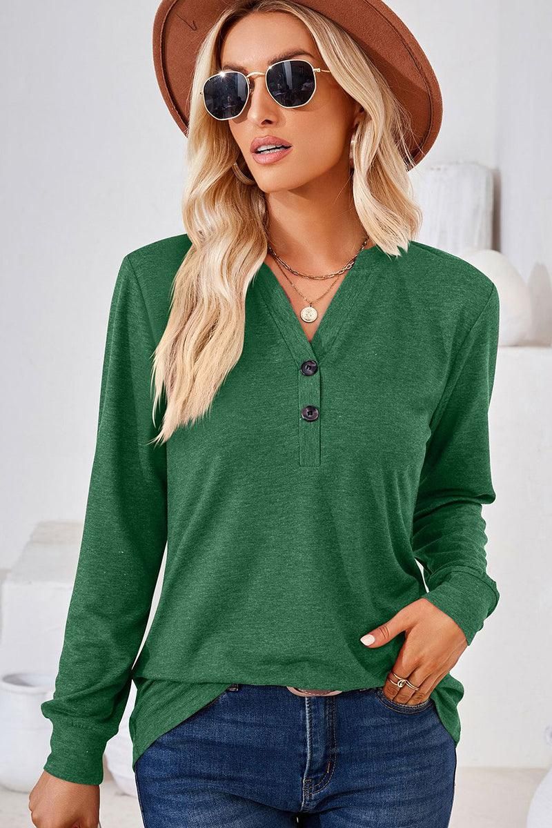 WOMEN BUTTONED V NECK RIB SLEEVE CASUAL TEE - Doublju