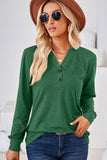 WOMEN BUTTONED V NECK RIB SLEEVE CASUAL TEE - Doublju