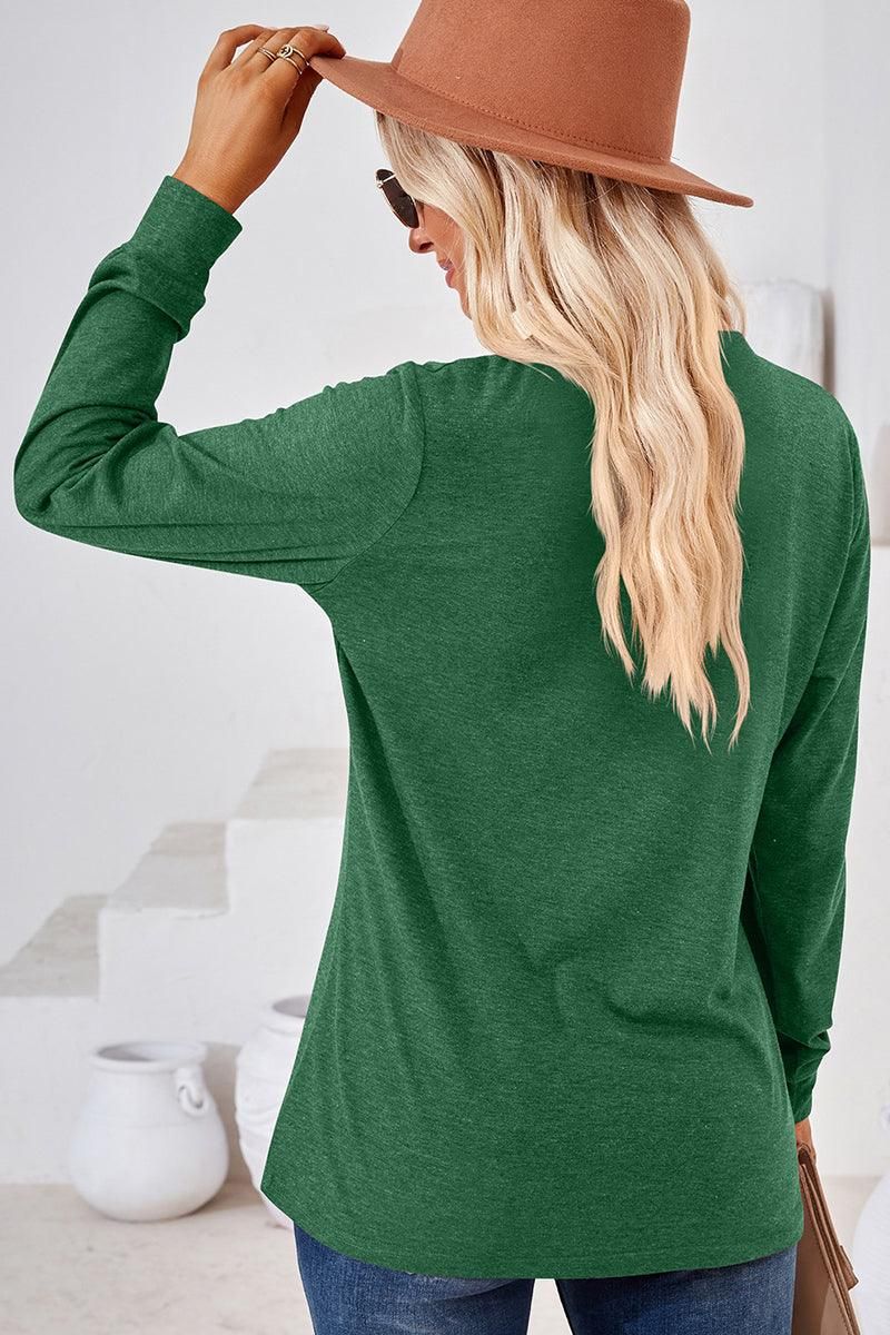 WOMEN BUTTONED V NECK RIB SLEEVE CASUAL TEE - Doublju