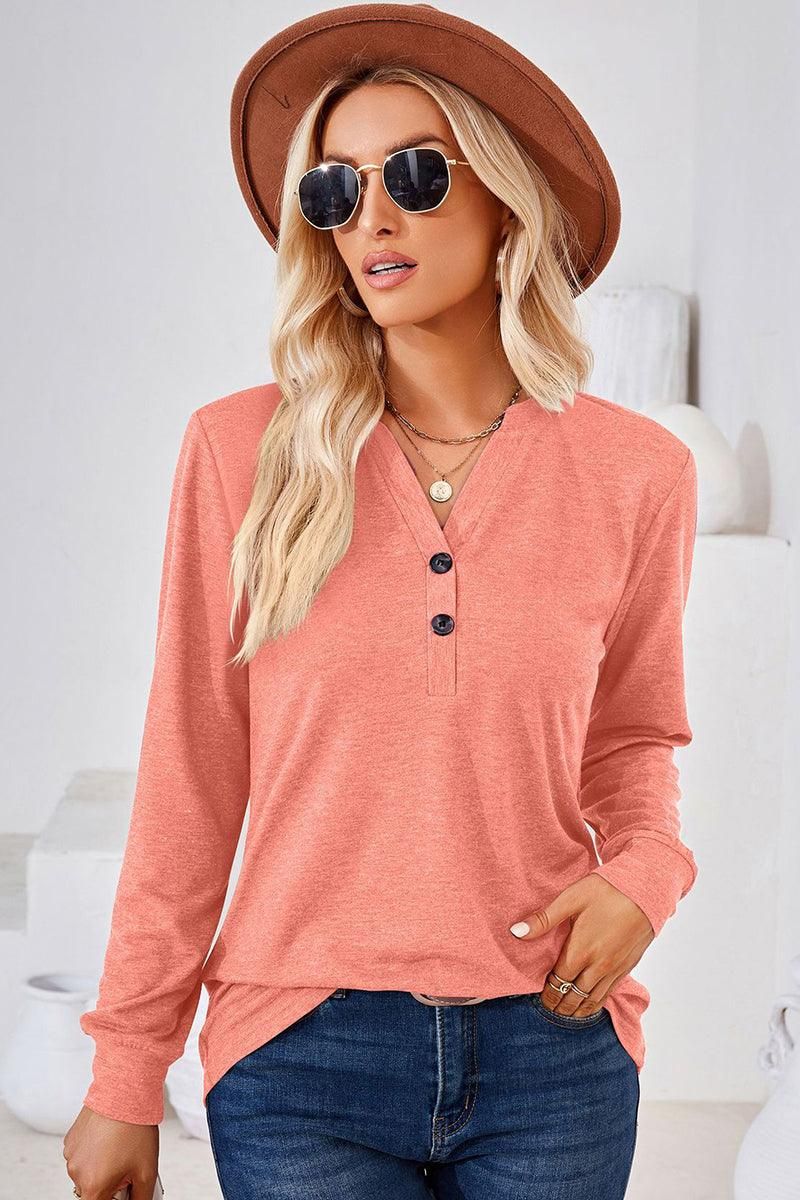 WOMEN BUTTONED V NECK RIB SLEEVE CASUAL TEE - Doublju