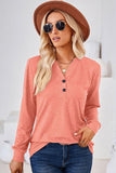 WOMEN BUTTONED V NECK RIB SLEEVE CASUAL TEE - Doublju