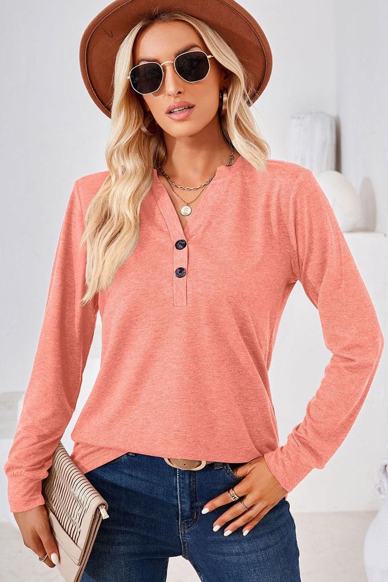 WOMEN BUTTONED V NECK RIB SLEEVE CASUAL TEE - Doublju