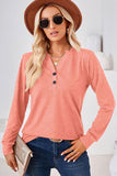 WOMEN BUTTONED V NECK RIB SLEEVE CASUAL TEE - Doublju