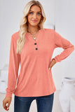 WOMEN BUTTONED V NECK RIB SLEEVE CASUAL TEE - Doublju