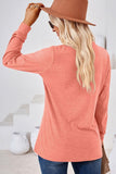 WOMEN BUTTONED V NECK RIB SLEEVE CASUAL TEE - Doublju