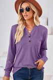 WOMEN BUTTONED V NECK RIB SLEEVE CASUAL TEE - Doublju