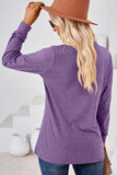 WOMEN BUTTONED V NECK RIB SLEEVE CASUAL TEE - Doublju