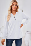 WOMEN BUTTONED V NECK RIB SLEEVE CASUAL TEE - Doublju