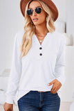 WOMEN BUTTONED V NECK RIB SLEEVE CASUAL TEE - Doublju
