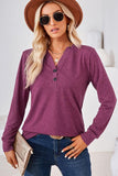 WOMEN BUTTONED V NECK RIB SLEEVE CASUAL TEE - Doublju