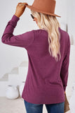 WOMEN BUTTONED V NECK RIB SLEEVE CASUAL TEE - Doublju