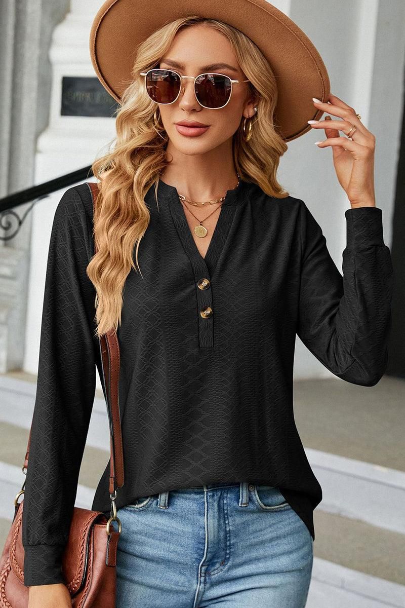 WOMEN V NECK BUTTON JACQUARD LOOSE FIT TOP - Doublju