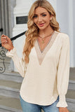 WOMEN GUIPURE LACE TRIM NECK RUFFLE SLEEVE BLOUSE - Doublju