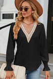 WOMEN GUIPURE LACE TRIM NECK RUFFLE SLEEVE BLOUSE - Doublju