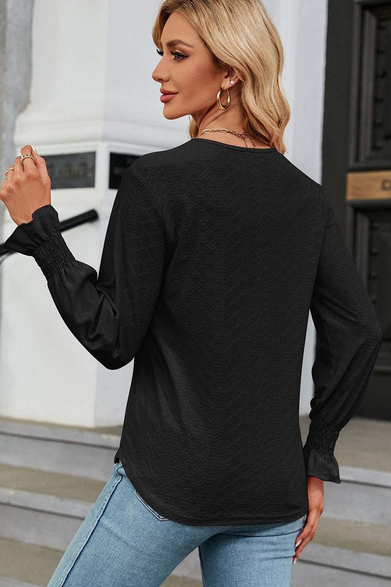WOMEN GUIPURE LACE TRIM NECK RUFFLE SLEEVE BLOUSE - Doublju