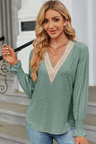 WOMEN GUIPURE LACE TRIM NECK RUFFLE SLEEVE BLOUSE - Doublju